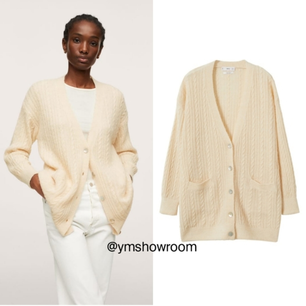 Mango Cream Cable-Knit V-Neck Cardigan